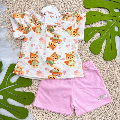  Conj Blusa Raposinha e Short Rosa